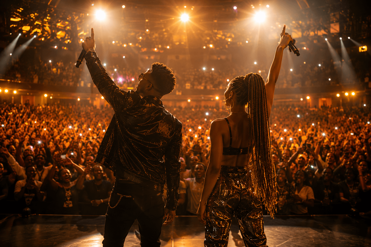 Artists performing to a packed crowd